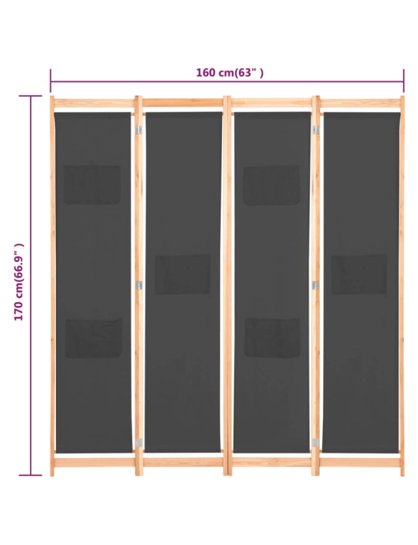 imagem de vidaXL Divisória de quarto com 4 painéis 160x170x4 cm tecido cinzento9