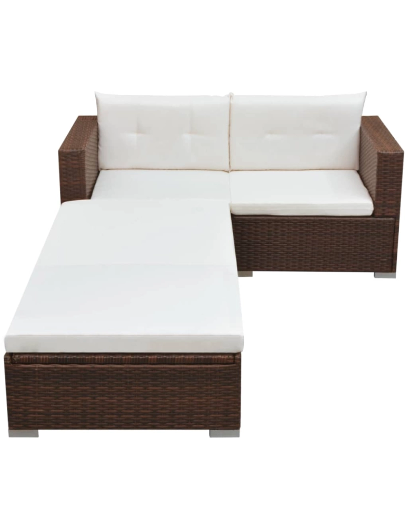 imagem de vidaXL 3 pcs conjunto lounge jardim c/ almofadões vime PE castanho3