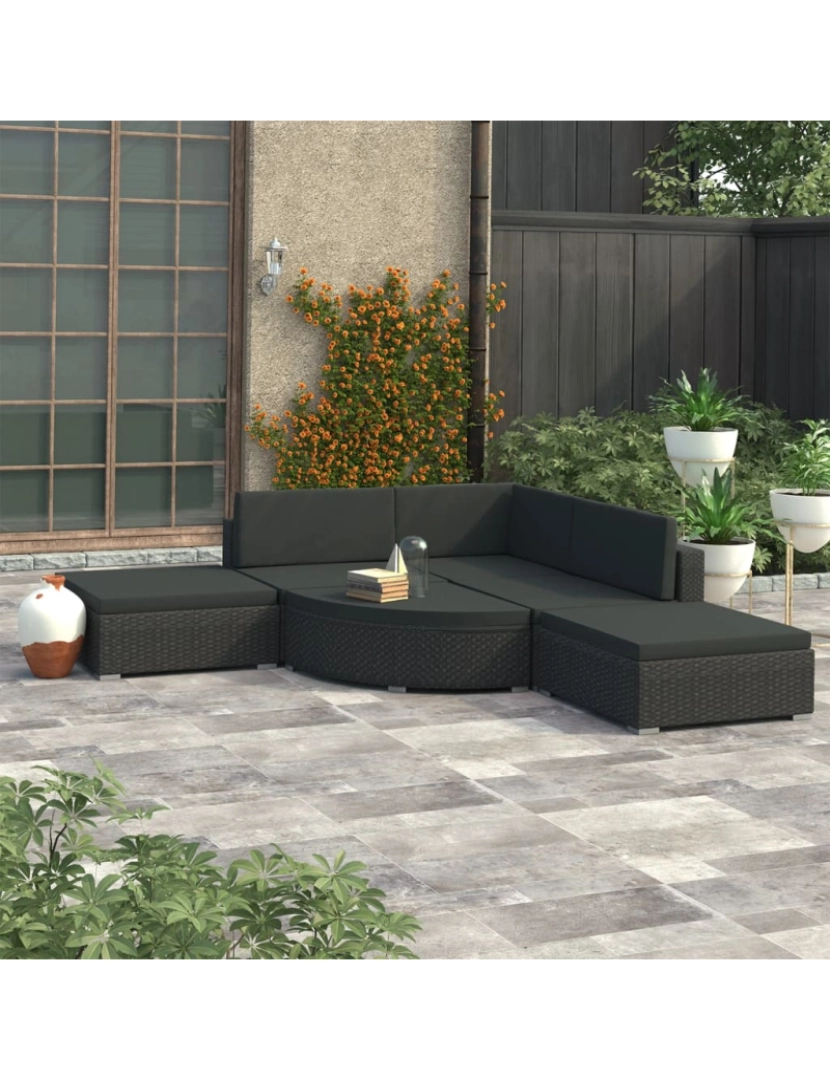 imagem de vidaXL 6 pcs conjunto lounge de jardim c/ almofadões vime PE preto3