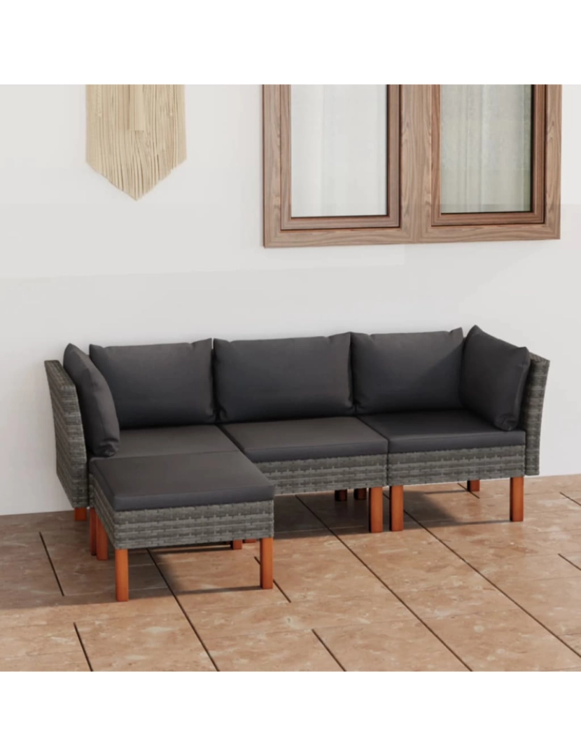 imagem de vidaXL 4 pcs conjunto lounge de jardim c/ almofadões vime PE cinzento2