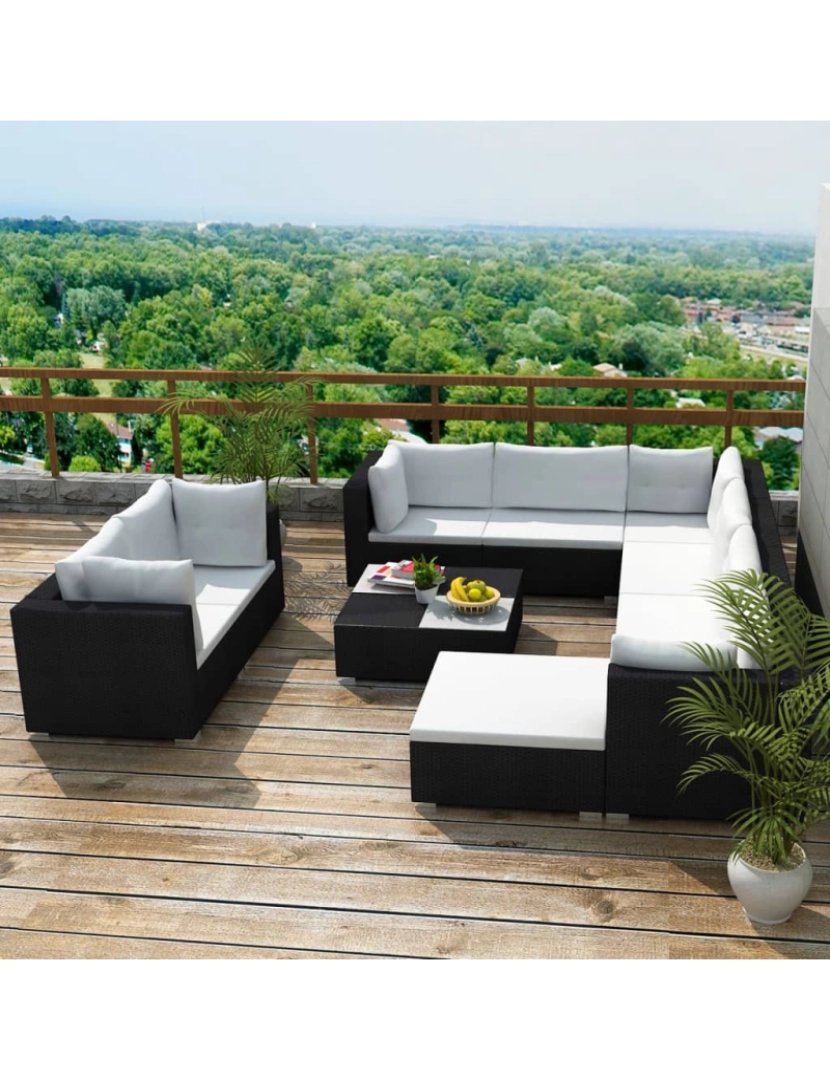 imagem de vidaXL 10 pcs conjunto lounge de jardim c/ almofadões vime PE preto2