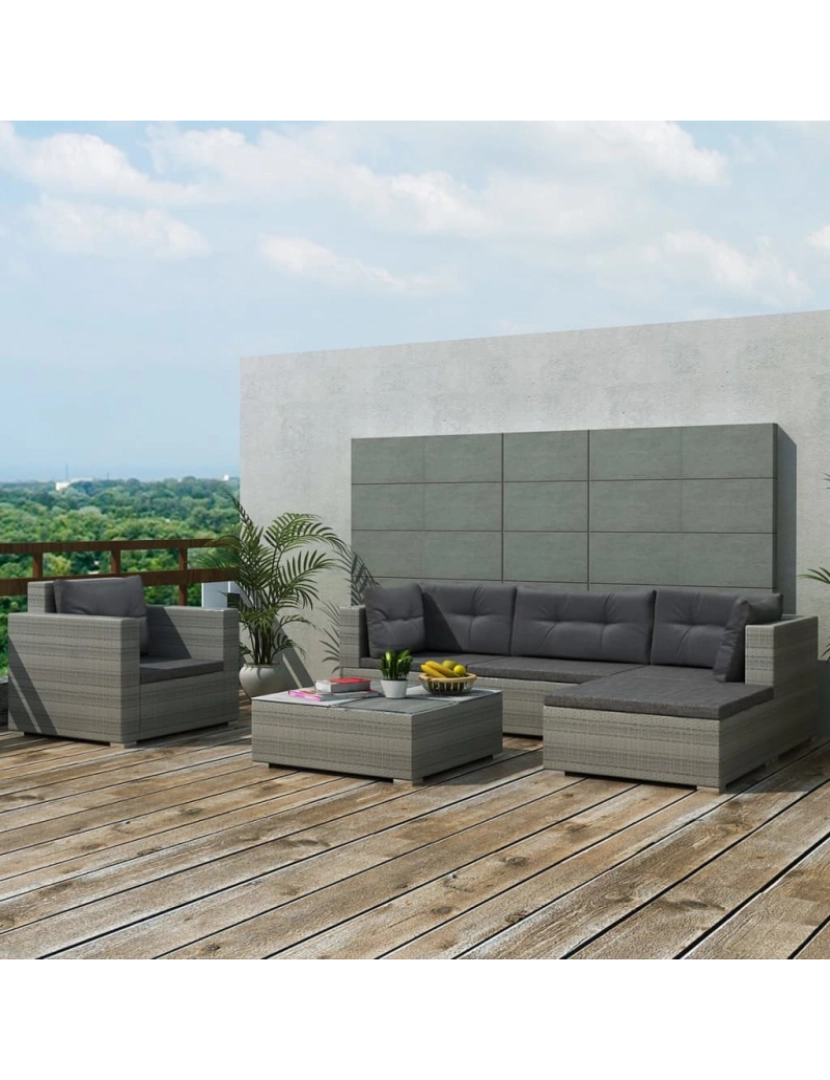 imagem de vidaXL 6 pcs conjunto lounge de jardim c/ almofadões vime PE cinzento2