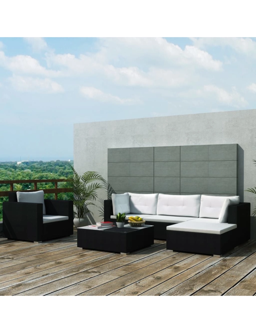 imagem de vidaXL 6 pcs conjunto lounge de jardim c/ almofadões vime PE preto2