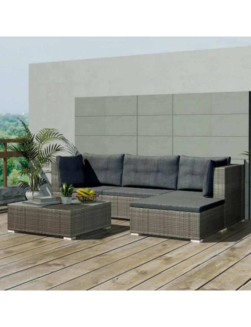 imagem de vidaXL 5 pcs conjunto lounge de jardim c/ almofadões vime PE cinzento2