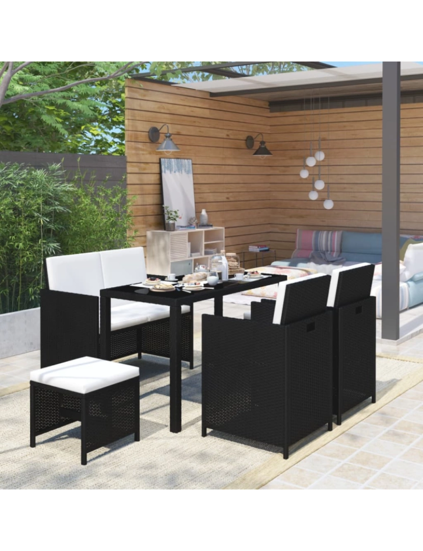 imagem de vidaXL Conjunto de jantar para exterior c/ almofadões 6 pcs vime preto3