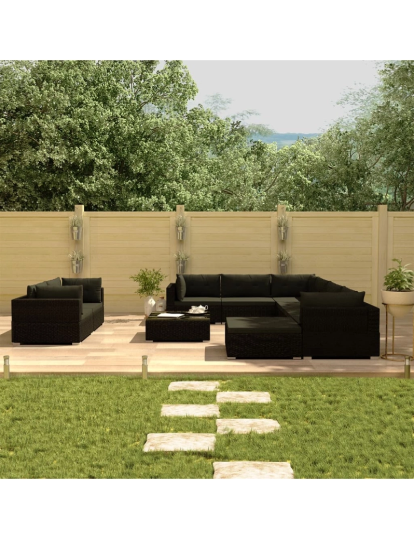 imagem de vidaXL 10 pcs conjunto lounge de jardim c/ almofadões vime PE preto3