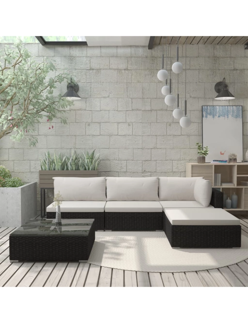 imagem de vidaXL 5 pcs conjunto lounge de jardim c/ almofadões vime PE preto2