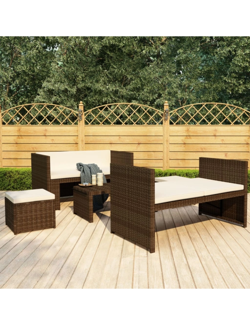 imagem de vidaXL 5 pcs conjunto lounge jardim c/ almofadões vime PE castanho2