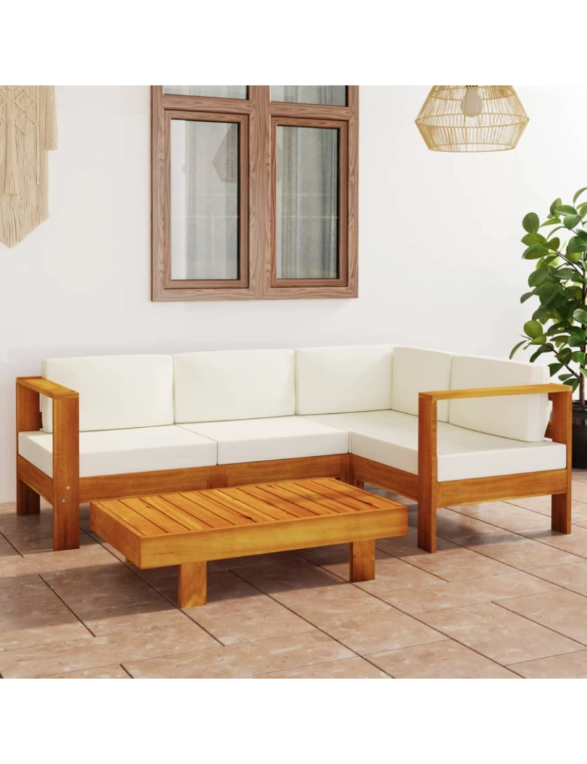 imagem de vidaXL 5 pcs conj. lounge de jardim c/ almofadões branco nata acácia2