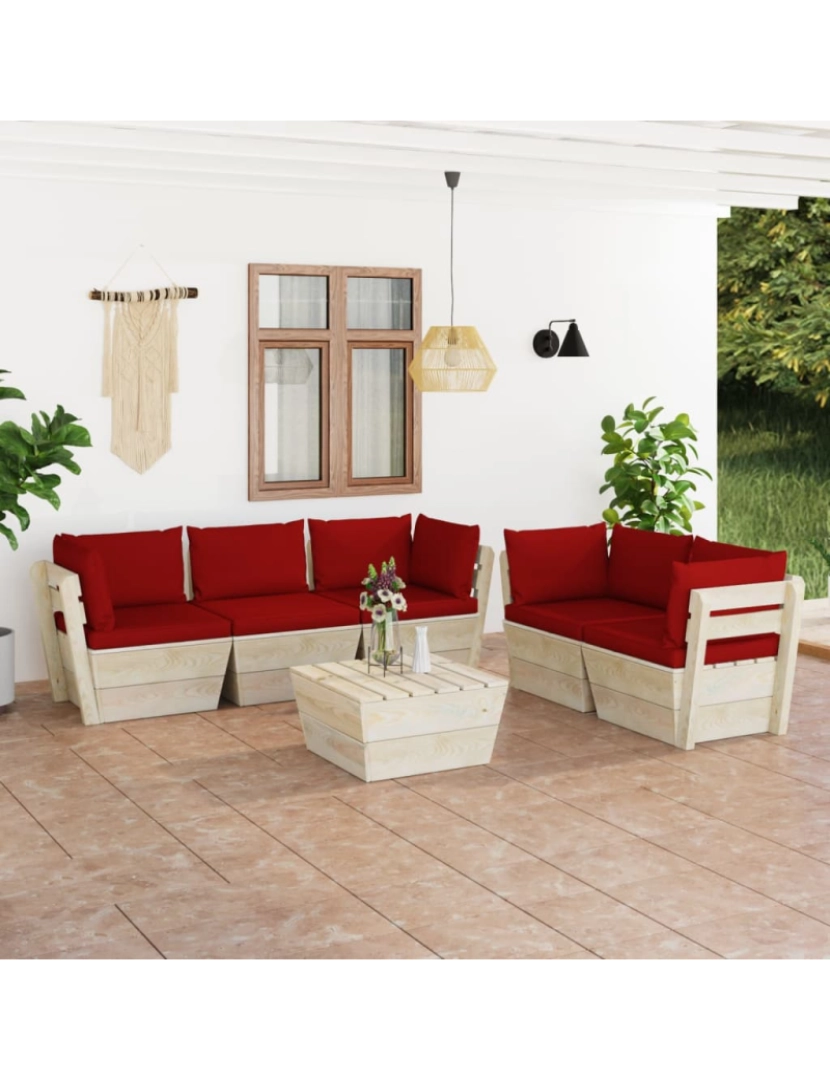 imagem de vidaXL 6 pcs conjunto lounge de paletes + almofadões madeira de abeto2
