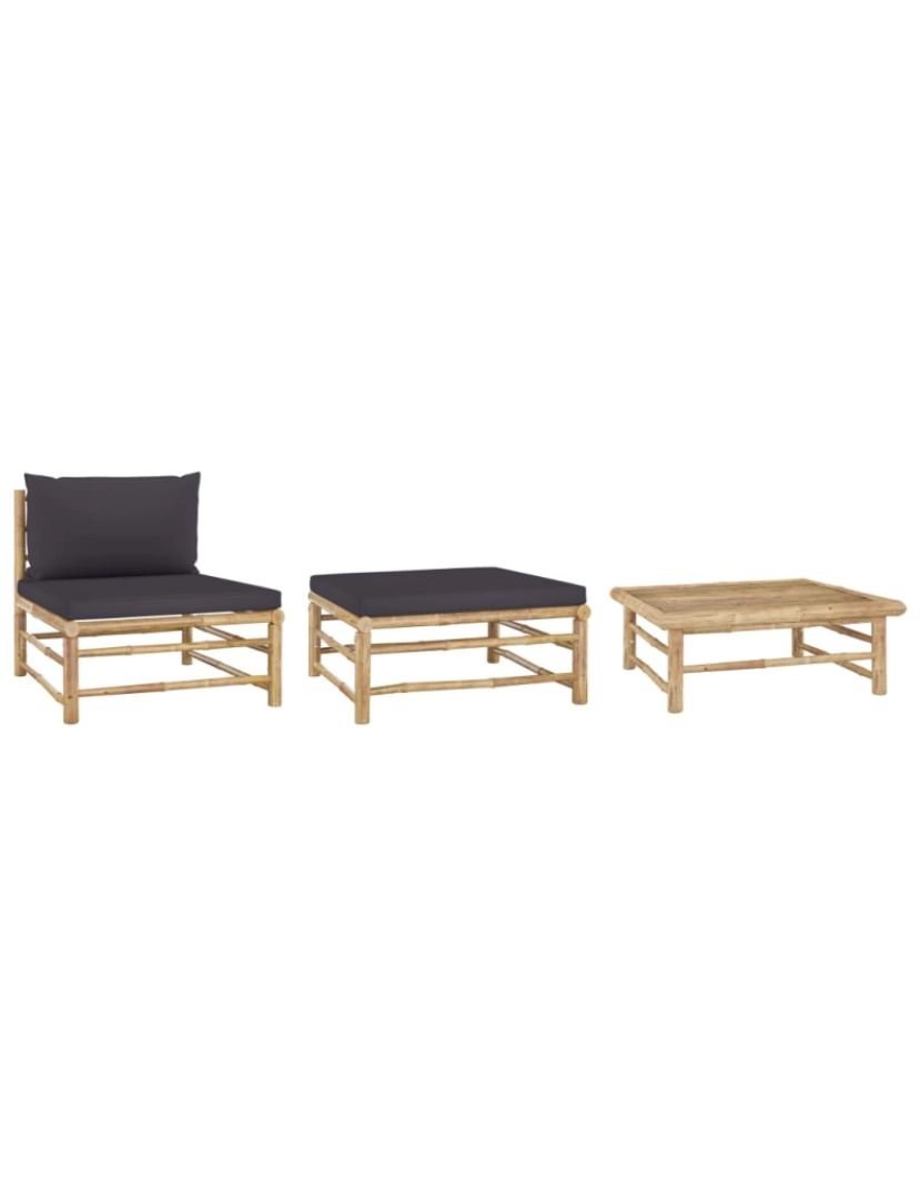 imagem de vidaXL 3 pcs conj. lounge jardim em bambu c/ almofadões cinza-escuro2