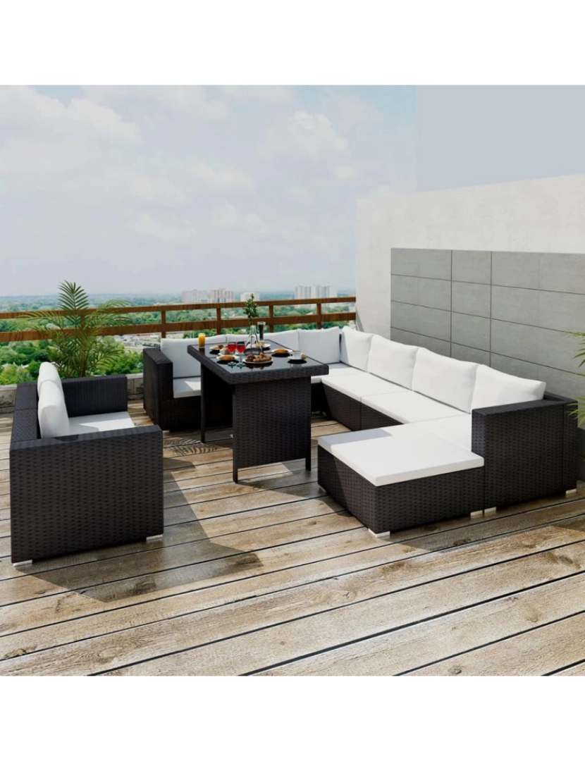 imagem de vidaXL 10 pcs conjunto lounge de jardim c/ almofadões vime PE preto2