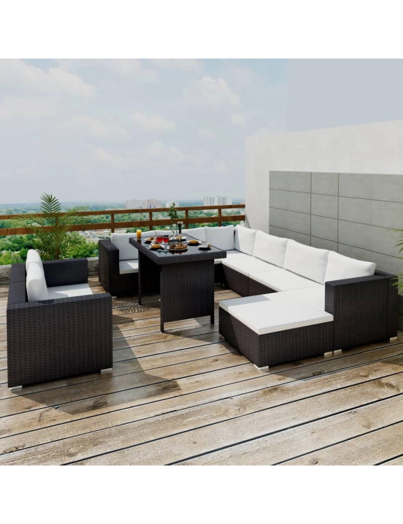 imagem de vidaXL 10 pcs conjunto lounge de jardim c/ almofadões vime PE preto3