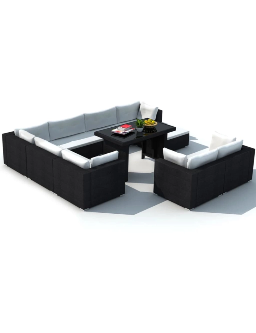 imagem de vidaXL 10 pcs conjunto lounge de jardim c/ almofadões vime PE preto5