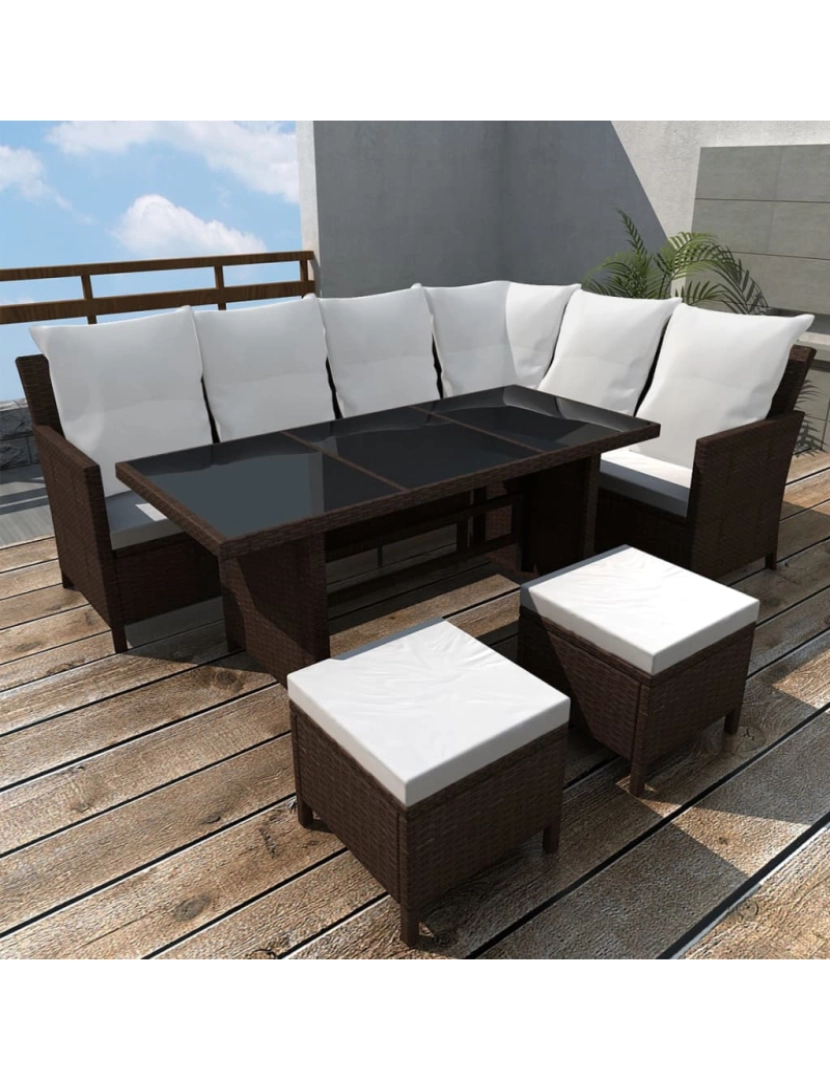 imagem de vidaXL 4 pcs conjunto lounge jardim c/ almofadões vime PE castanho2