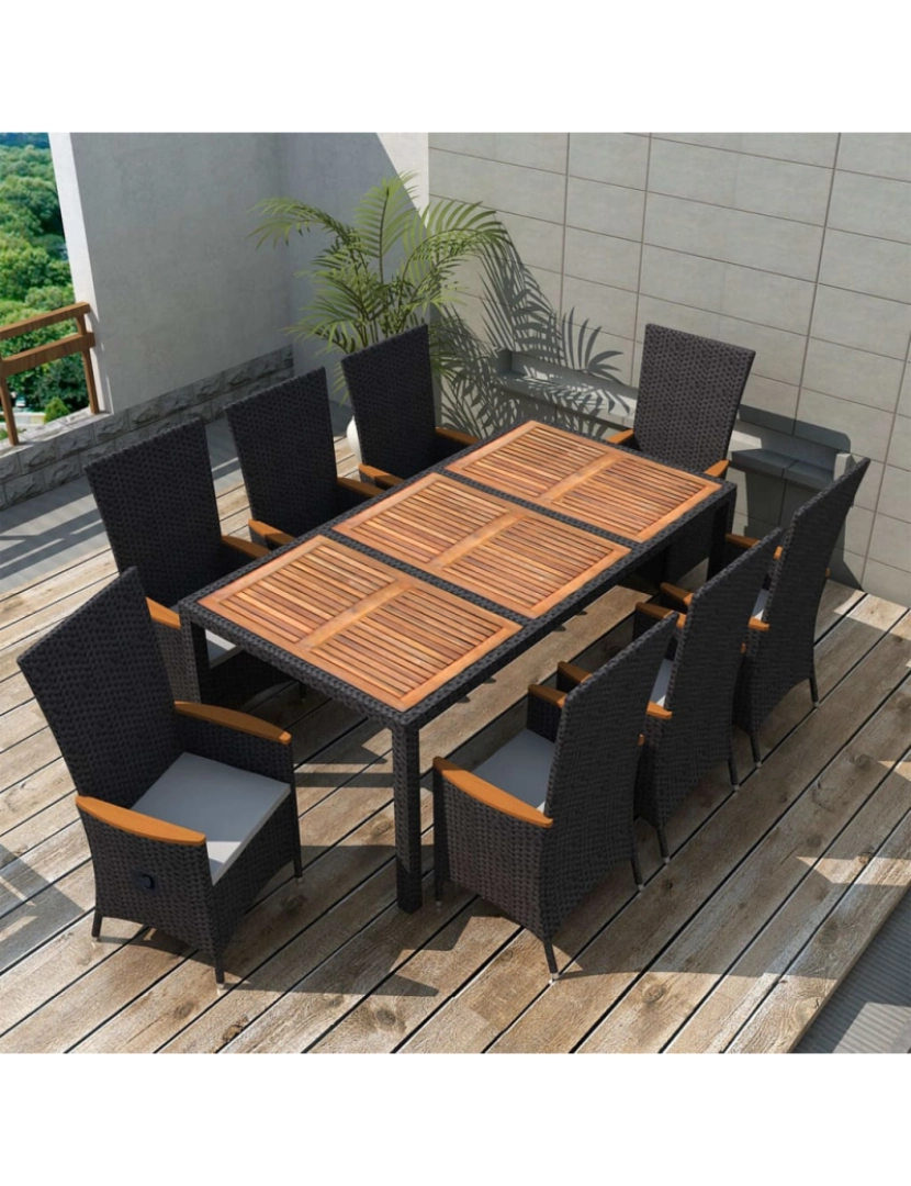 imagem de vidaXL 9 pcs conjunto jantar exterior vime PE madeira de acácia preto2