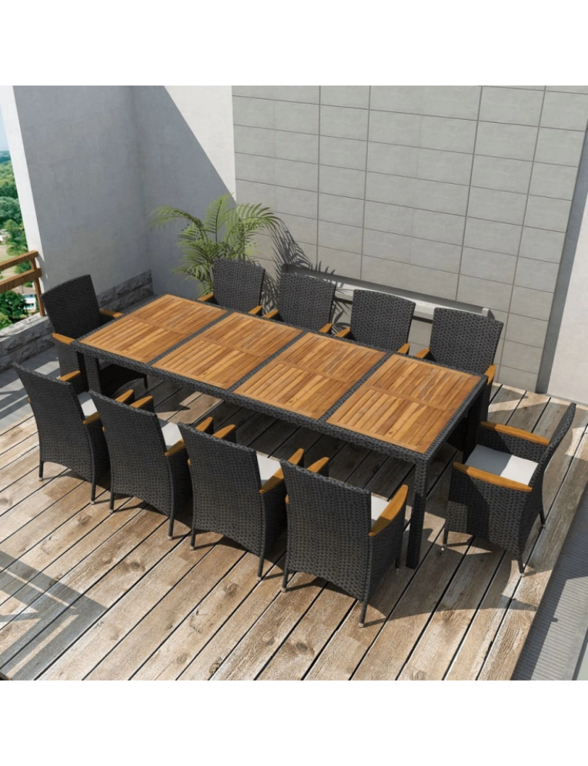 imagem de vidaXL 11 pcs conjunto jantar exterior com almofadões vime PE preto2