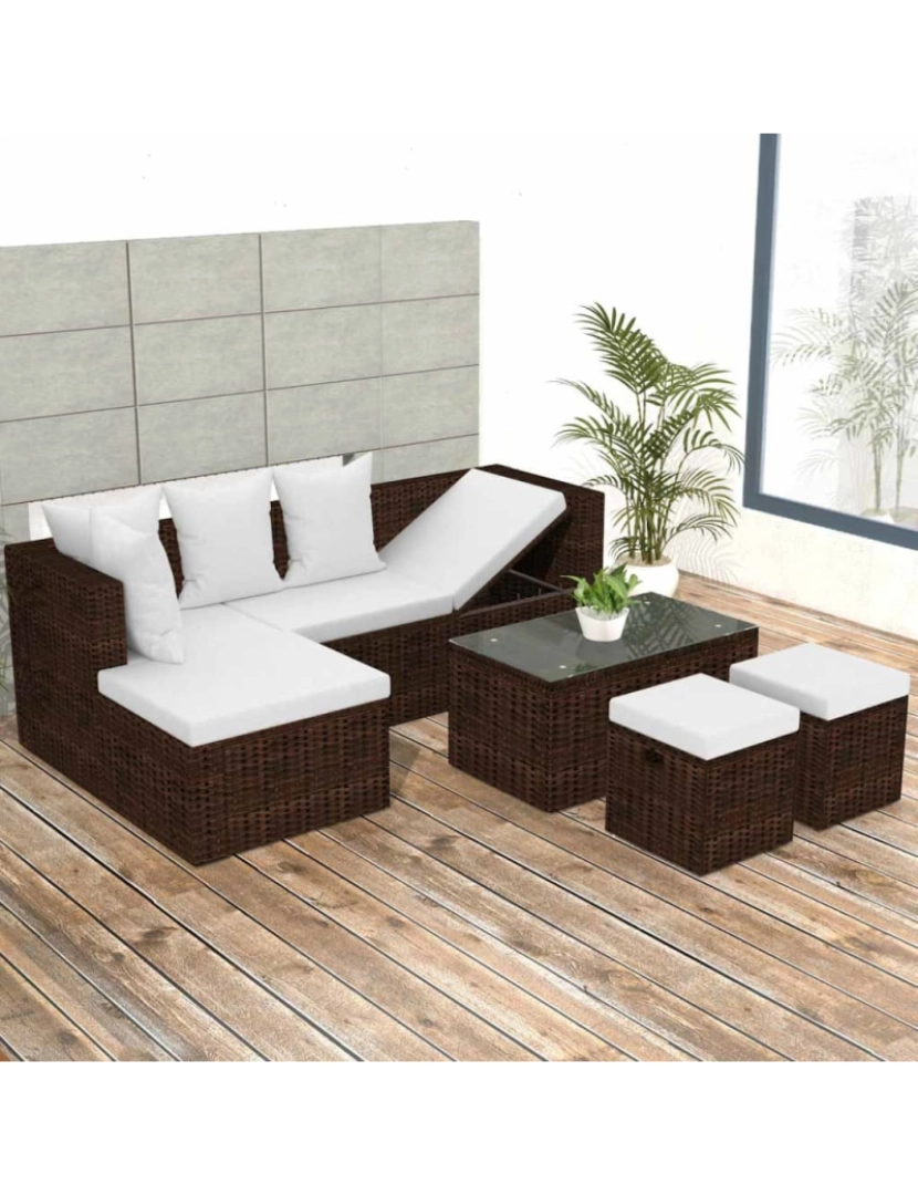 imagem de vidaXL 4 pcs conjunto lounge jardim c/ almofadões vime PE castanho2