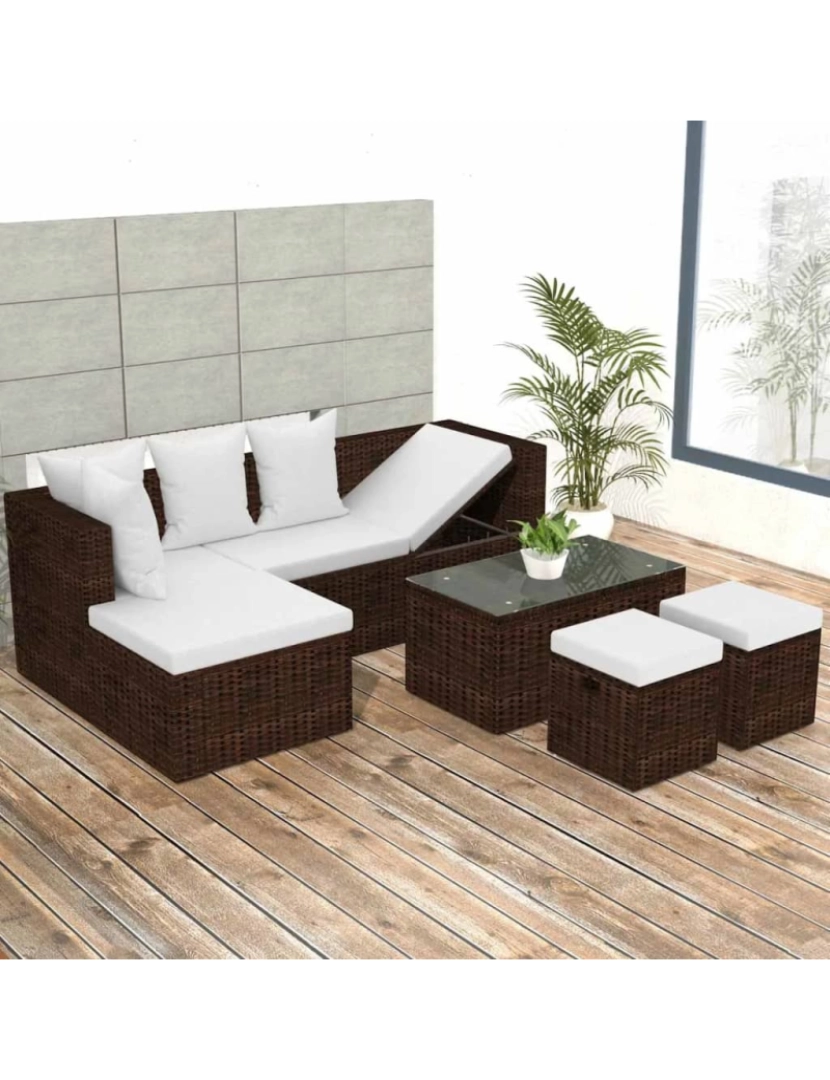 imagem de vidaXL 4 pcs conjunto lounge jardim c/ almofadões vime PE castanho3