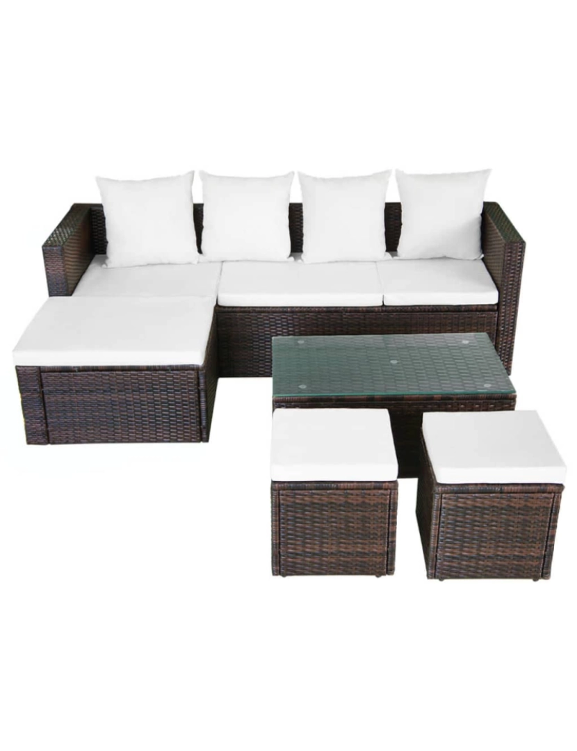 imagem de vidaXL 4 pcs conjunto lounge jardim c/ almofadões vime PE castanho4