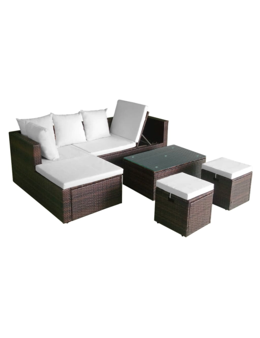 imagem de vidaXL 4 pcs conjunto lounge jardim c/ almofadões vime PE castanho5