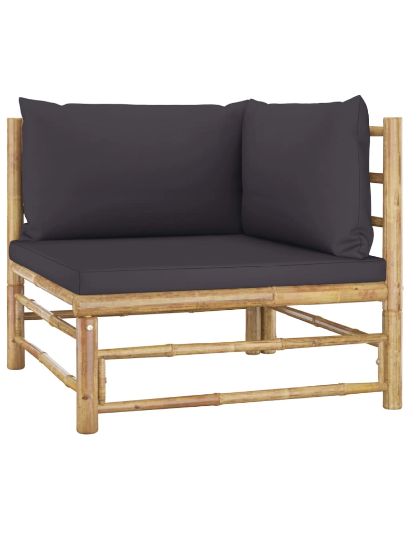 imagem de vidaXL 2 pcs conj. lounge jardim em bambu c/ almofadões cinza-escuro3