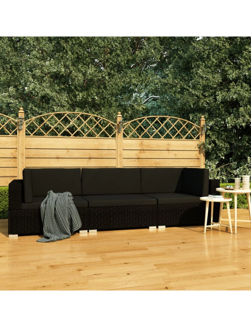 imagem de vidaXL 3 pcs conjunto sofás de jardim c/ almofadões vime PE preto2