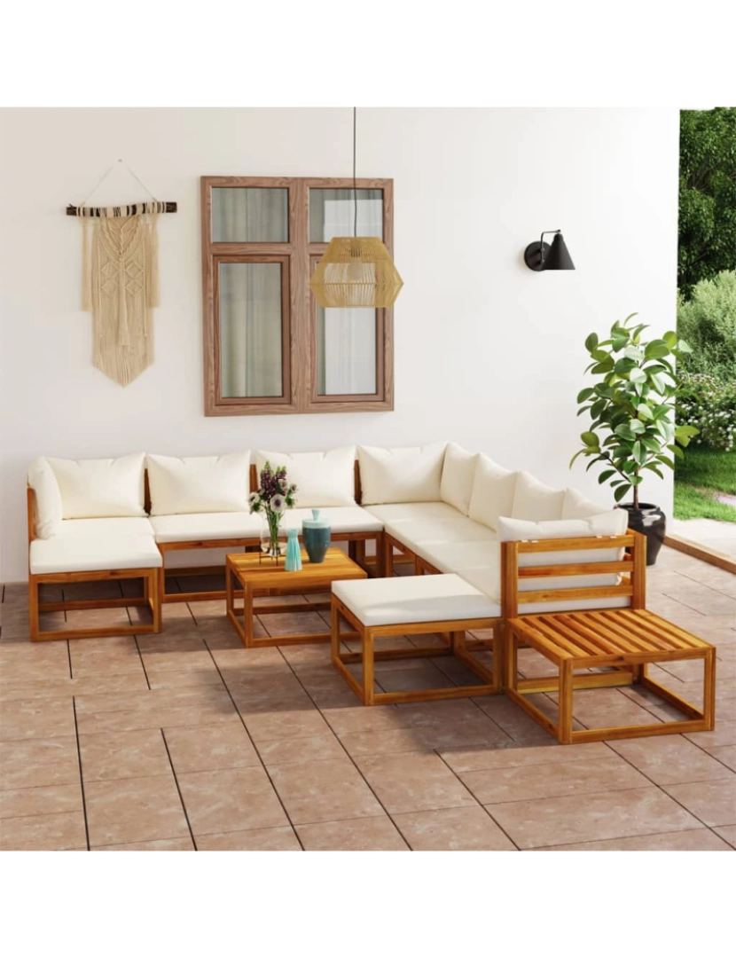 imagem de vidaXL 12 pcs conjunto lounge jardim c/ almofadões acácia maciça creme2