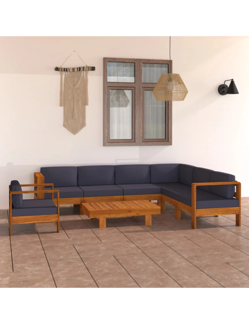 imagem de vidaXL 8 pcs conj. lounge de jardim c/ almofadões cinza-escuro acácia2