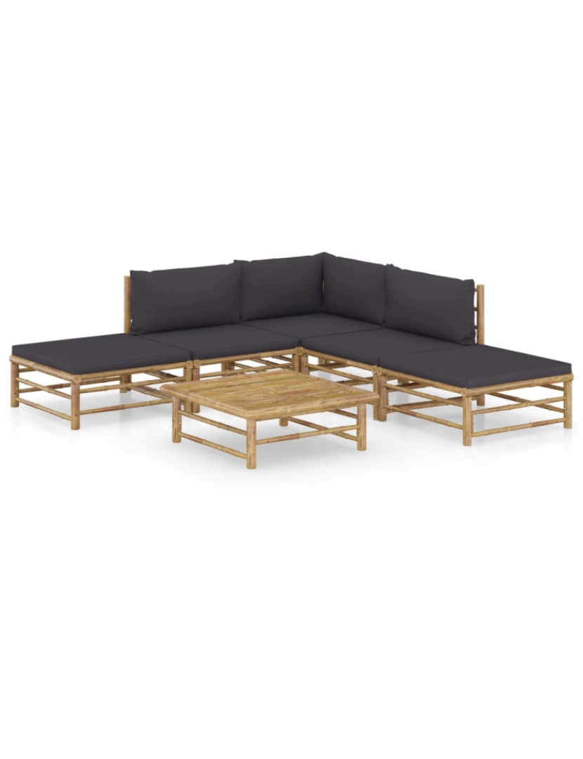 imagem de vidaXL 6 pcs conj. lounge jardim em bambu c/ almofadões cinza-escuro1