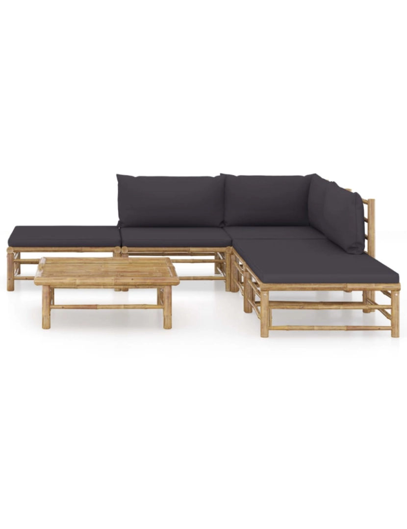 imagem de vidaXL 6 pcs conj. lounge jardim em bambu c/ almofadões cinza-escuro3