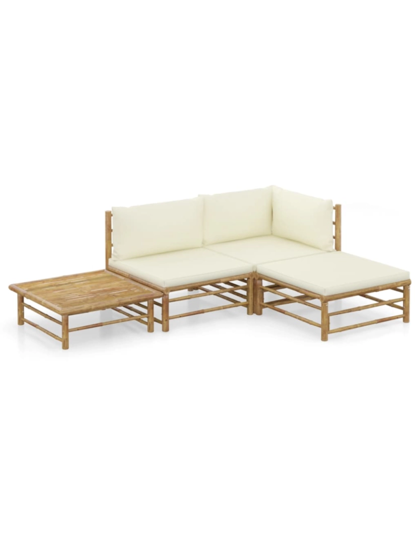 imagem de vidaXL 4 pcs conj. lounge p/ jardim em bambu c/ almofadões branco nata1