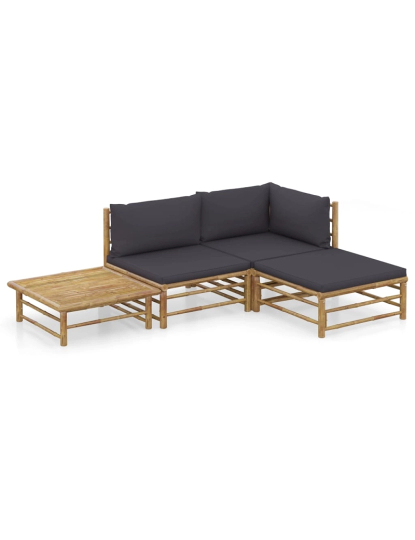 imagem de vidaXL 4 pcs conj. lounge jardim em bambu c/ almofadões cinza-escuro2