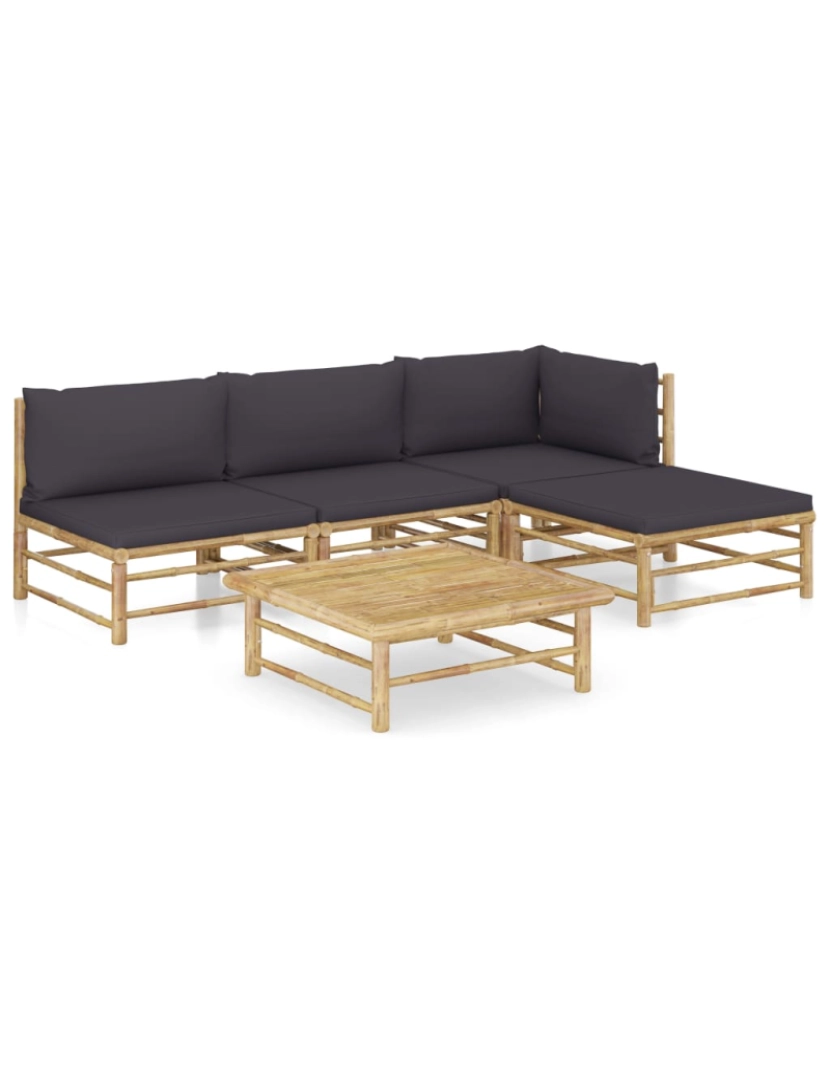 imagem de vidaXL 5 pcs conj. lounge jardim em bambu c/ almofadões cinza-escuro2