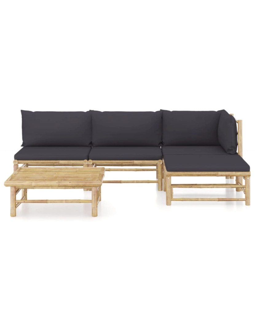 imagem de vidaXL 5 pcs conj. lounge jardim em bambu c/ almofadões cinza-escuro3