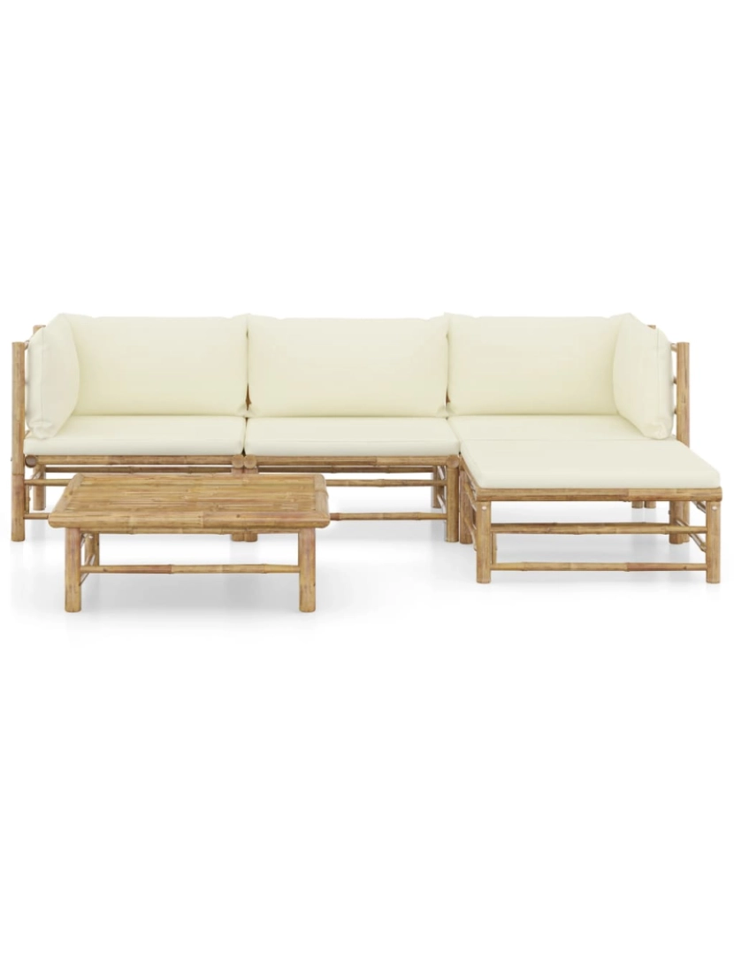 imagem de vidaXL 5 pcs conj. lounge p/ jardim em bambu c/ almofadões branco nata3