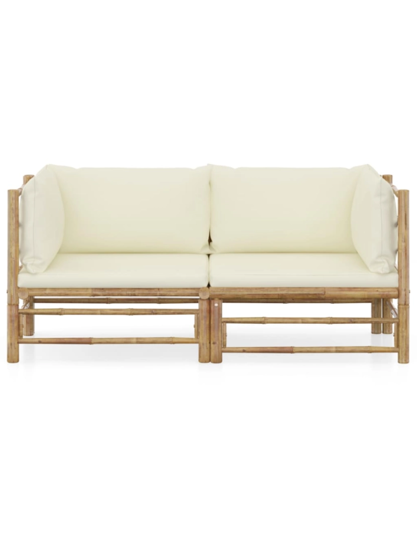 imagem de vidaXL 2 pcs conjunto lounge de jardim bambu c/ almofadões branco nata3