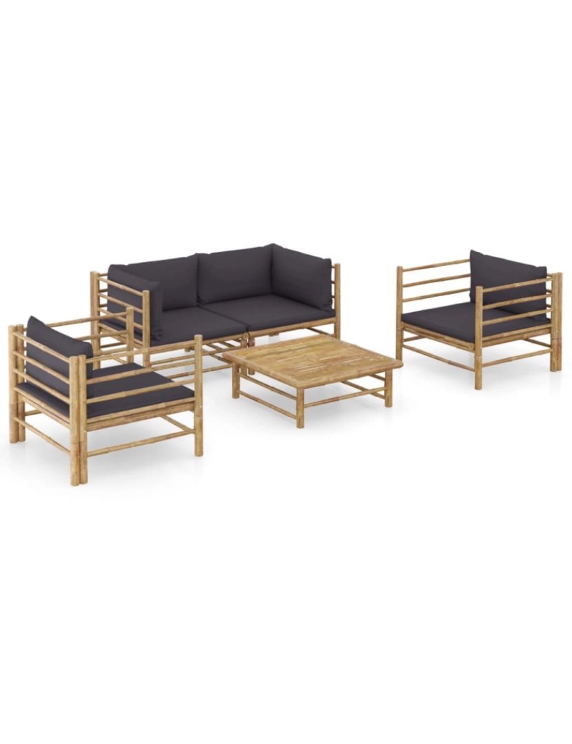 imagem de vidaXL 5 pcs conj. lounge jardim em bambu c/ almofadões cinza-escuro2