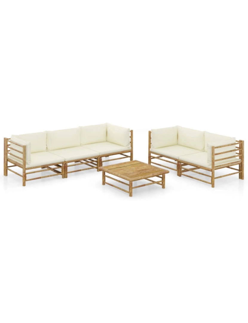 imagem de vidaXL 6 pcs conj. lounge p/ jardim em bambu c/ almofadões branco nata2