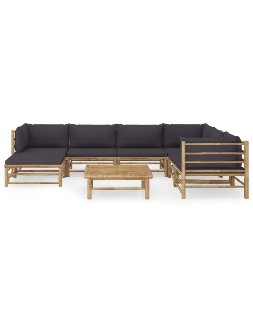 imagem de vidaXL 8 pcs conj. lounge jardim em bambu c/ almofadões cinza-escuro3