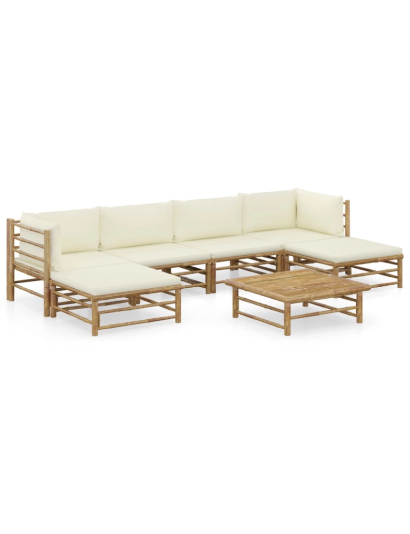 imagem de vidaXL 7 pcs conj. lounge p/ jardim em bambu c/ almofadões branco nata2