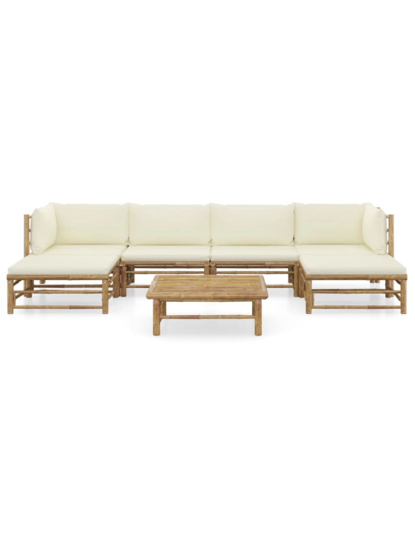 imagem de vidaXL 7 pcs conj. lounge p/ jardim em bambu c/ almofadões branco nata3