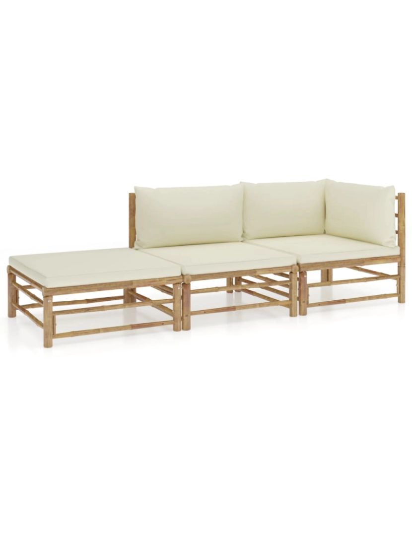 imagem de vidaXL 3 pcs conj. lounge p/ jardim em bambu c/ almofadões branco nata2