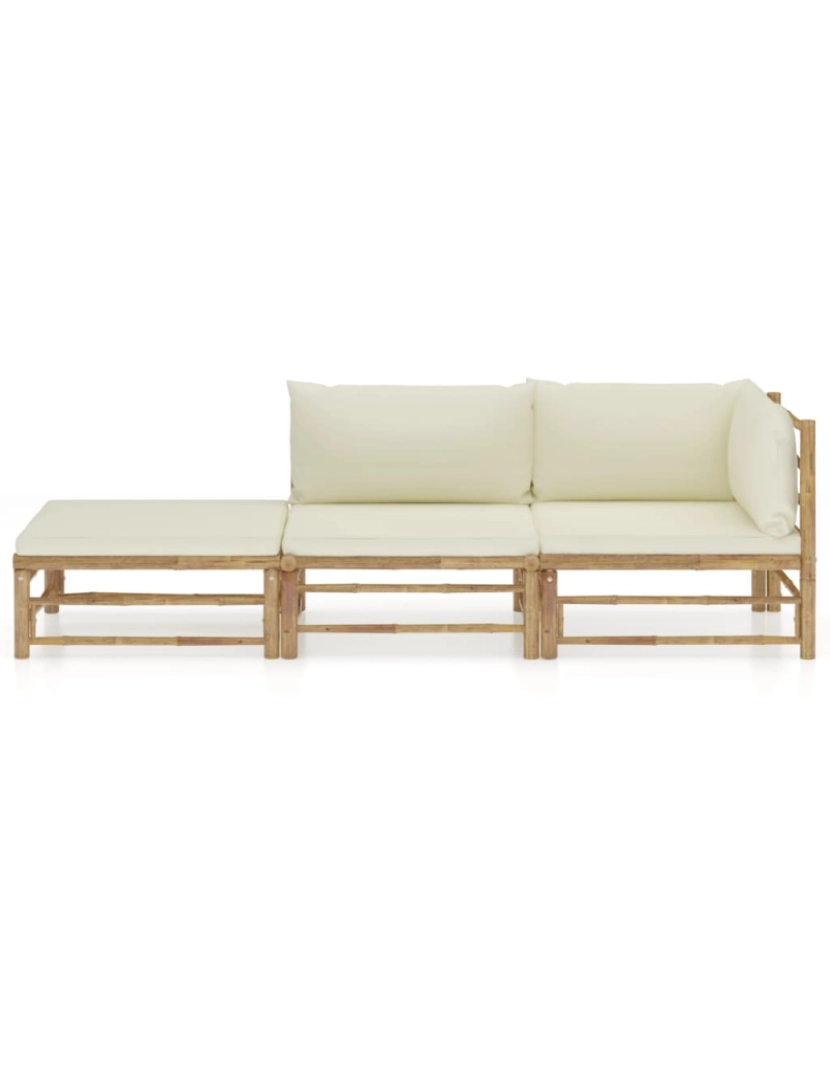 imagem de vidaXL 3 pcs conj. lounge p/ jardim em bambu c/ almofadões branco nata3