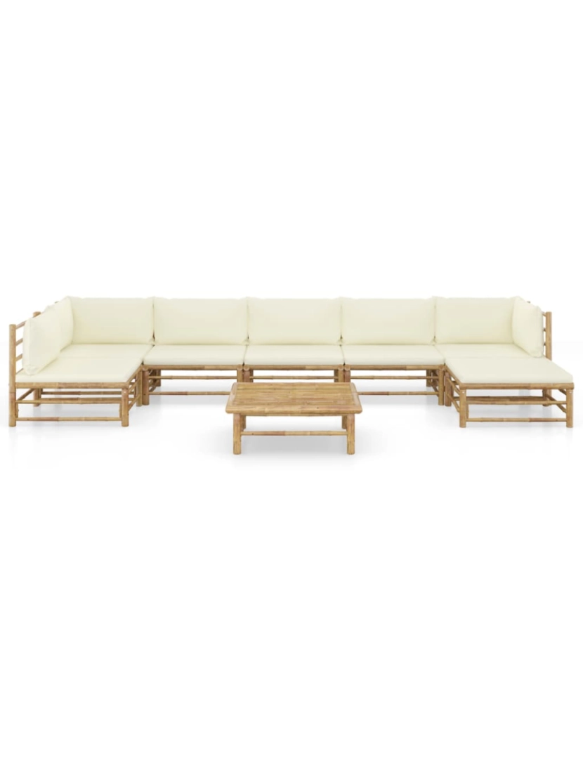 imagem de vidaXL 8 pcs conj. lounge p/ jardim em bambu c/ almofadões branco nata3