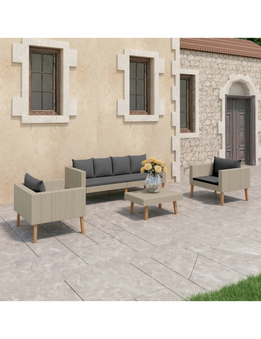 imagem de vidaXL 4 pcs conjunto lounge de jardim c/ almofadões vime PE bege2