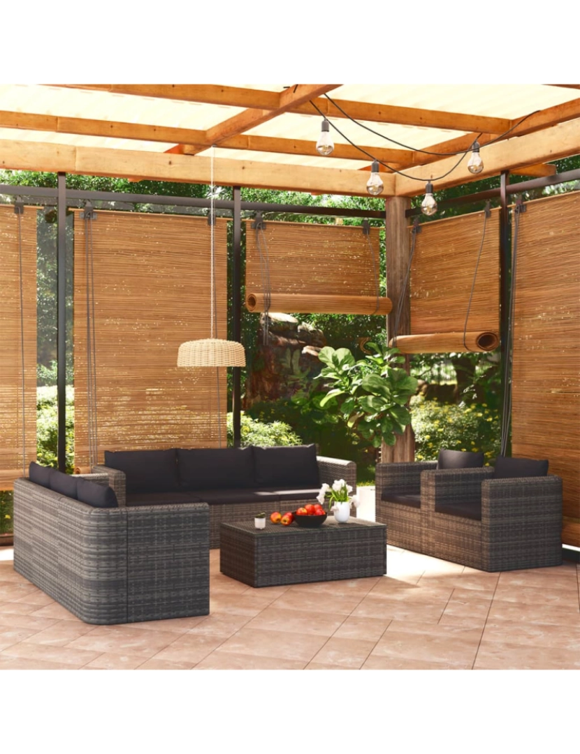 imagem de vidaXL 9 pcs conjunto lounge de jardim c/ almofadões vime PE cinzento2