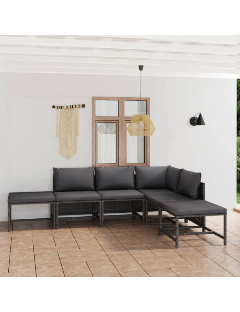 imagem de vidaXL 6 pcs conjunto lounge de jardim c/ almofadões vime PE cinzento2