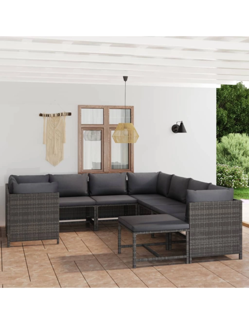 imagem de vidaXL 9 pcs conjunto lounge de jardim c/ almofadões vime PE cinzento2