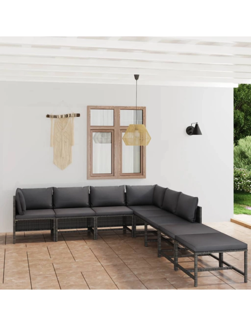 imagem de vidaXL 8 pcs conjunto lounge de jardim c/ almofadões vime PE cinzento2